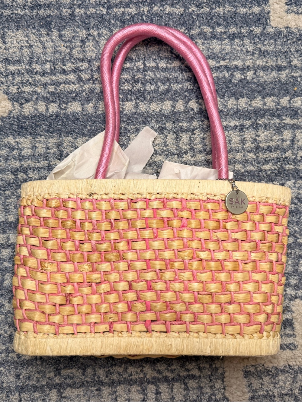 The Sak Pink and Natural Woven Tote with Pink Handles